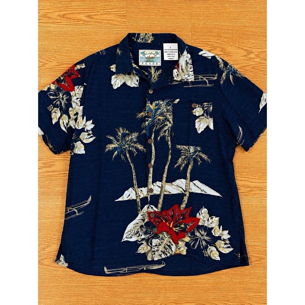 Island Fever Vintage Hawaiian Shirt Mens L Navy Tropical Palm Rayon Button Up